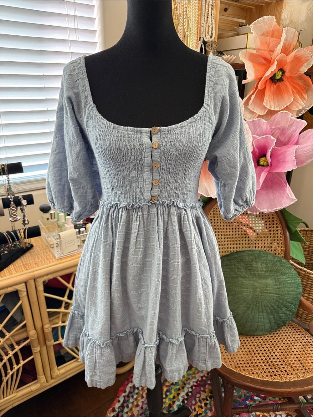 Free People Endless Summer Picnic True Chambray Boho Hippie Cottage Mini Dress